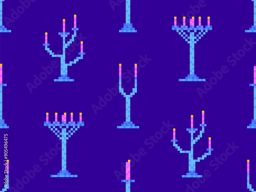 Seamless pattern of pixel candlesticks. Candlestick with candles in 8-bit style. Candlestick with burning candles. Design for wallpapers, wrappers, covers and banners. Vector illustration