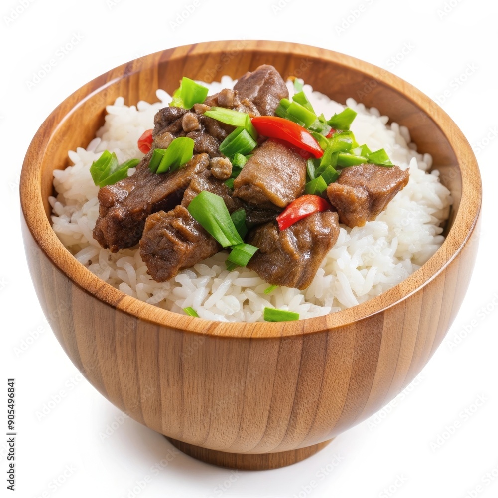 A wooden bowl filled with white rice, topped with savory beef, red chili peppers, and fresh green onions, symbolizing a healthy, flavorful, and satisfying meal. A wooden bowl filled with white rice, topped with savory beef, red chili peppers, and fresh green onions, symbolizing a healthy, flavorful, and satisfying meal.