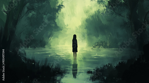 young girl standing in midst of swamp. symbolizing hopelessness and depression. green dark colour