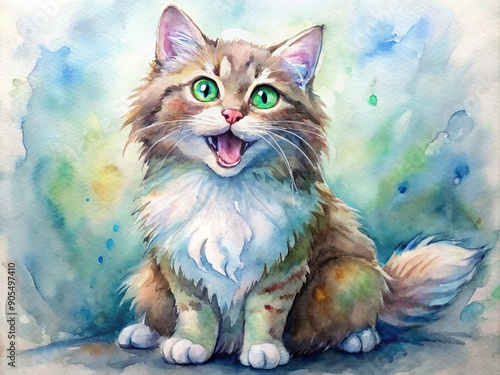 Adorable, fluffy, and curious domestic cat with bright green eyes and sharp white teeth, open mouth and tongue out, sitting on a clean surface.