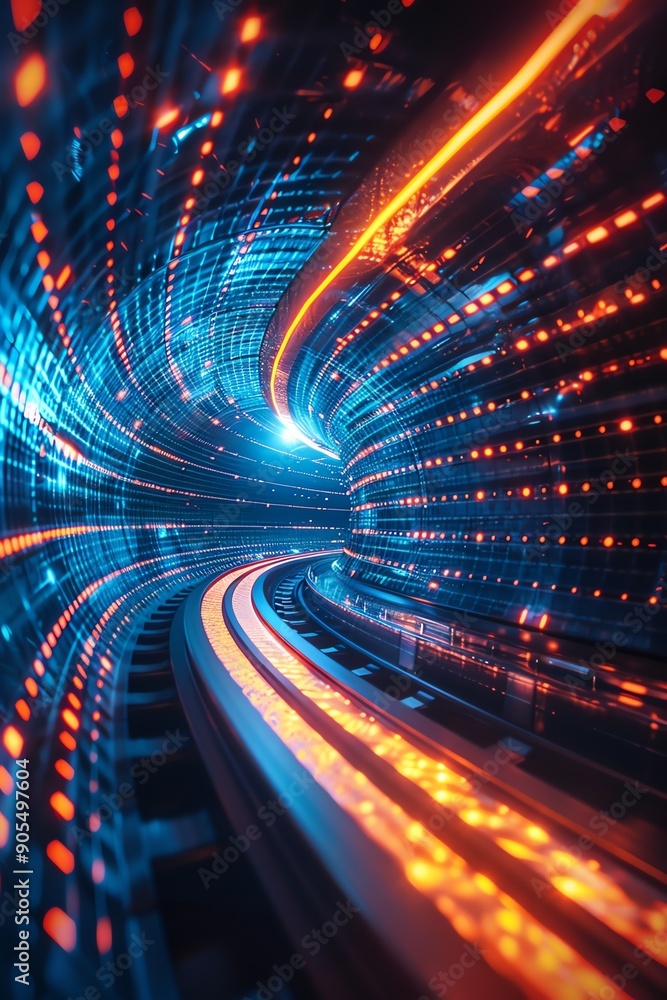 Digital tunnel with blue and orange lights, perspective view, futuristic and dynamic scene Digital tunnel with blue and orange lights, perspective view, futuristic and dynamic scene