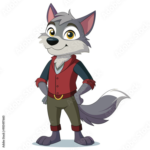 Cartoon Wolf Wearing Red Vest and Brown Pants