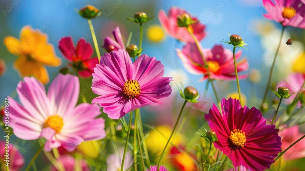 Multicolored cosmos flowers in a garden under clear sunlight Multicolored cosmos flowers in a garden under clear sunlight