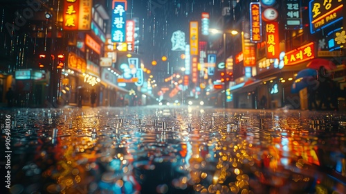 Wallpaper Mural Vibrant Neon Lights Reflecting on Wet Pavement in a Bustling Asian City During Rainy Night Torontodigital.ca