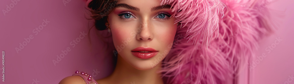 Woman in flapper dress and feather headband, purple background, glamorous and vintage Woman in flapper dress and feather headband, purple background, glamorous and vintage