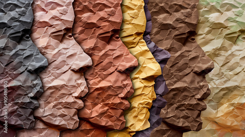 Crumpled paper faces a different skin tone background, concept of  diversity and unity humanity.