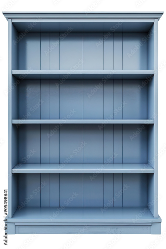 PNG A minimalistic blue bookshelf with four empty shelves, ideal for displaying books or decorative items in any interior space. PNG A minimalistic blue bookshelf with four empty shelves, ideal for displaying books or decorative items in any interior space.