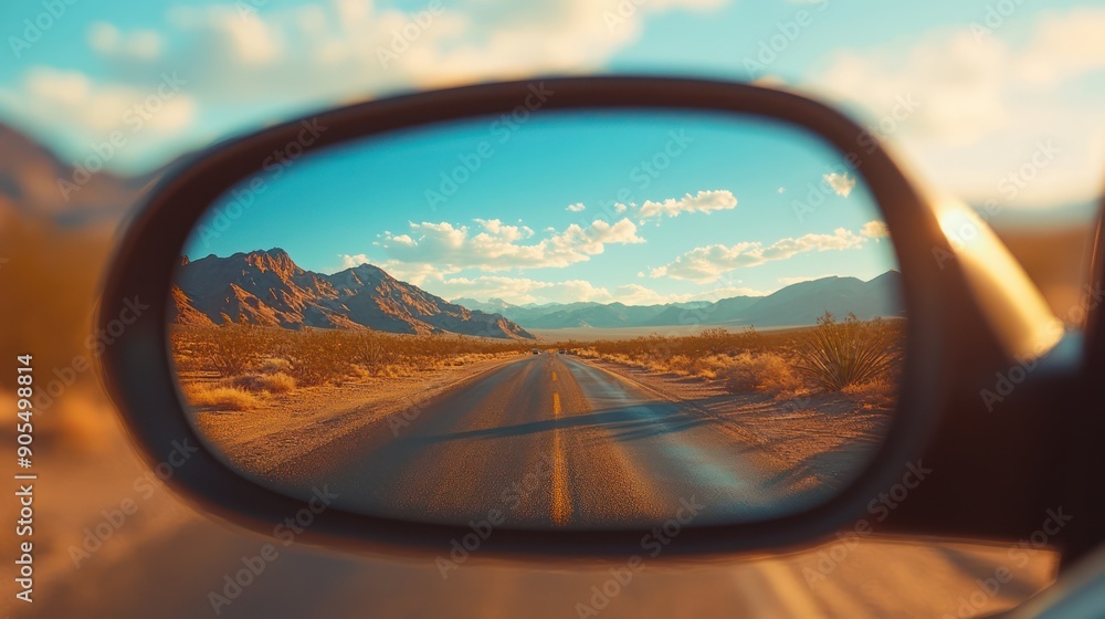 mirror view, desert highway, sunny day, blue sky, clouds, blurred background, vintage American road trip mirror view, desert highway, sunny day, blue sky, clouds, blurred background, vintage American road trip