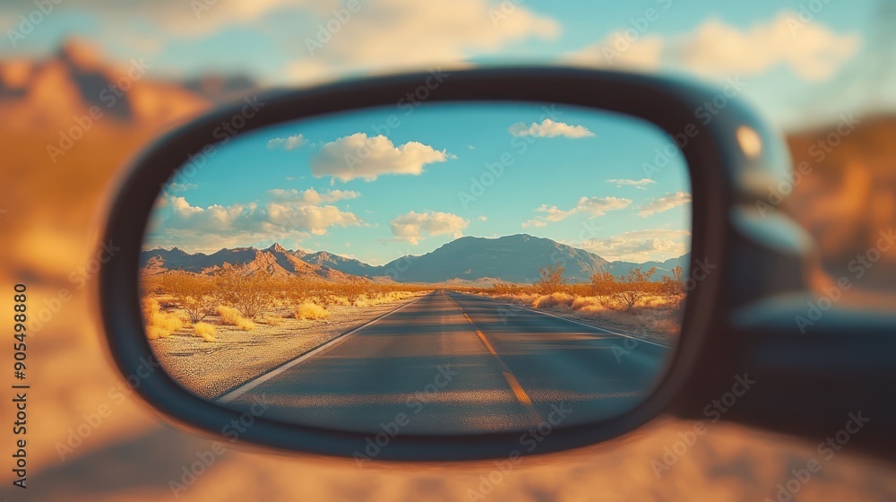 mirror view, desert highway, sunny day, blue sky, clouds, blurred background, vintage American road trip mirror view, desert highway, sunny day, blue sky, clouds, blurred background, vintage American road trip