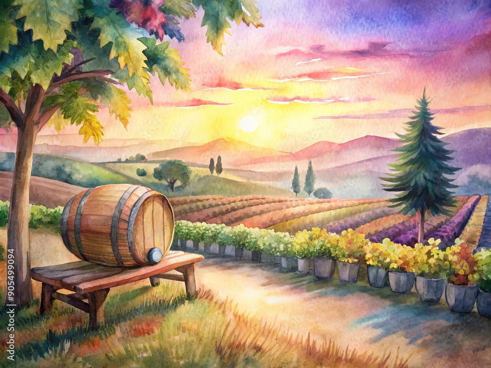 Obraz premium Vineyard scenery with lush green vines, rustic wooden benches, and a wine barrel at sunset, evoking a sense of romance and tranquility.