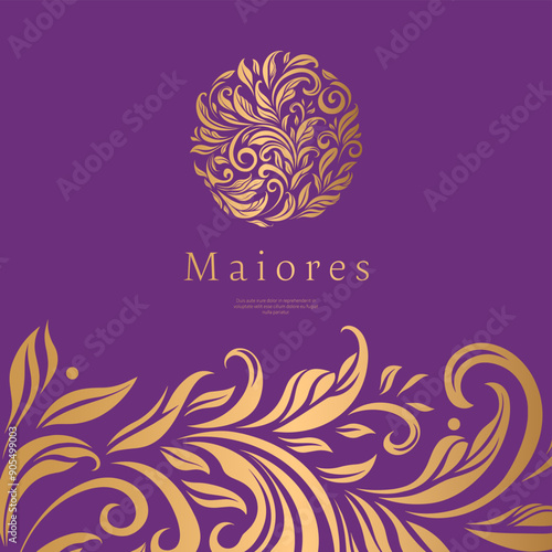 Purple and gold emblem with leaves. Can be used for jewelry, beauty and fashion industry. Great for logo, monogram, invitation, flyer, menu, background, or any desired idea.