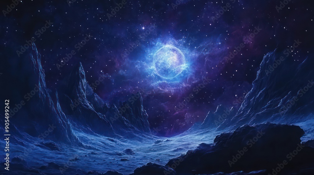 Fototapeta premium planet landscape digital painting, spectacular night scene, space, universe, fantastic lighting