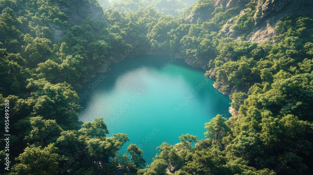 A serene turquoise lake surrounded by dense forest, illustrated in a 3D rendering. A serene turquoise lake surrounded by dense forest, illustrated in a 3D rendering.