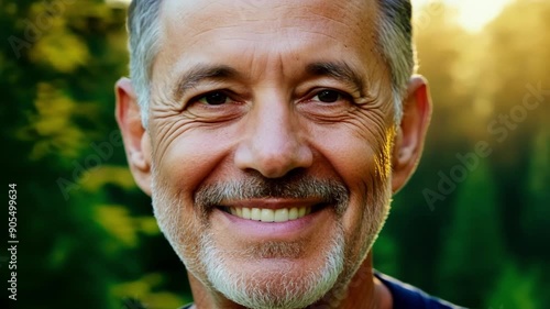 A middleaged man with a gentle smile and kind eyes radiating hope for a better tomorrow. The background is a lush green forest symbolizing growth and optimism.