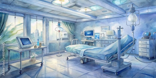 A state-of-the-art hospital ward features a sleek medical monitor displaying vital signs, surrounded by advanced life-support equipment and modern medical technology devices. photo