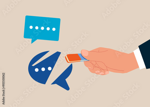 Businessman removed speech bubble with eraser. Block unwanted messages, filter messages from unknown senders. Modern vector illustration in flat style 
