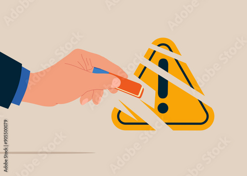 Businessman removed exclamation attention sign with eraser. Modern vector illustration in flat style 