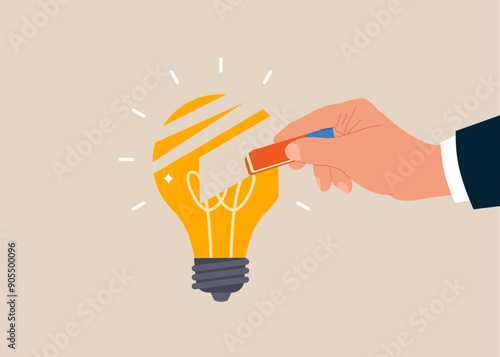 Businessman removed lightbulb idea with eraser. Modern vector illustration in flat style 
