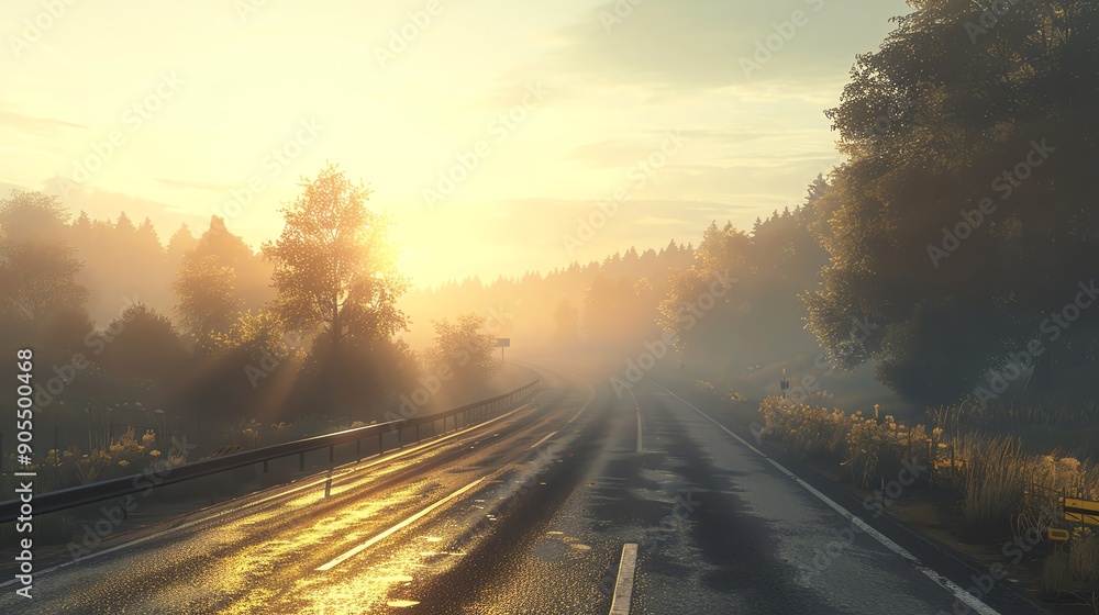 A quiet highway in the early morning, bathed in the golden light of sunrise A quiet highway in the early morning, bathed in the golden light of sunrise