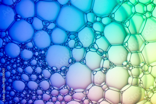 Abstract background bio technology, macro photography foam and water with gradient background. Molecule multicolor backgorund