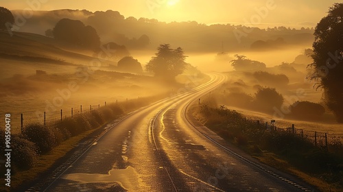 A quiet highway in the early morning, bathed in the golden light of sunrise photo