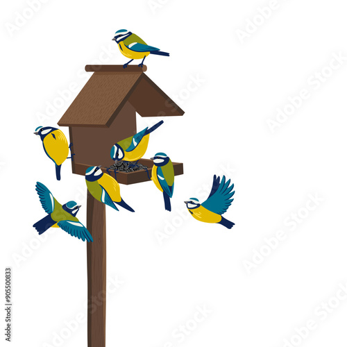 vector drawing bird feeder and blue tits, wooden bird house isolated at white background, hand drawn vector illustration