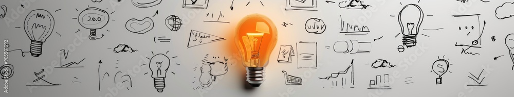Innovative Sketches of Business Concepts Surrounding a Lightbulb on White Background, Embracing the Role of Creativity and Idea Generation in Modern Entrepreneurship. Innovative Sketches of Business Concepts Surrounding a Lightbulb on White Background, Embracing the Role of Creativity and Idea Generation in Modern Entrepreneurship.