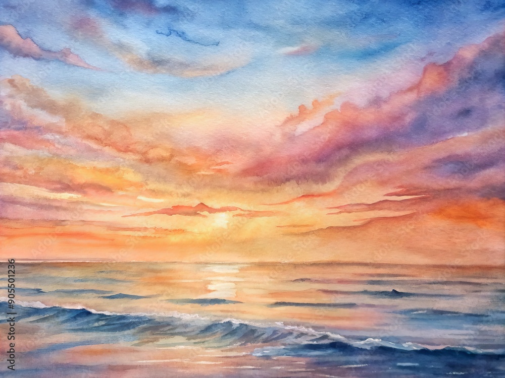 Obraz premium Softly blended watercolor hues of pink and orange dance across the sky, meeting the gentle waves of the serene ocean at dusk's peaceful horizon.