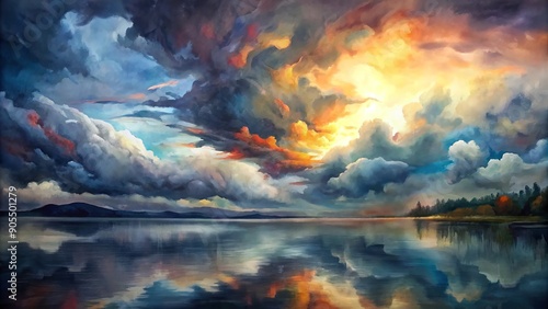 Vibrant abstract water painting captures eerie atmosphere of dark stormy clouds reflected in calm water, evoking sense of turmoil and serenity simultaneously.