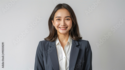 asian young woman, stand and smile, wear shirts and blazer, employee, business woman, white background photo