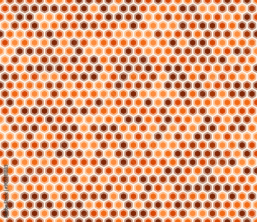 Hexagonal pattern background. Bold rounded hexagons mosaic cells with padding and inner solid cells. Orange color tones. Hexagon shapes. Seamless pattern. Tileable vector illustration.