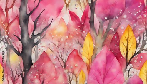 Pink and Yellow Abstract Stilistic Autumn Forest with Snowflakes in Watercolour photo