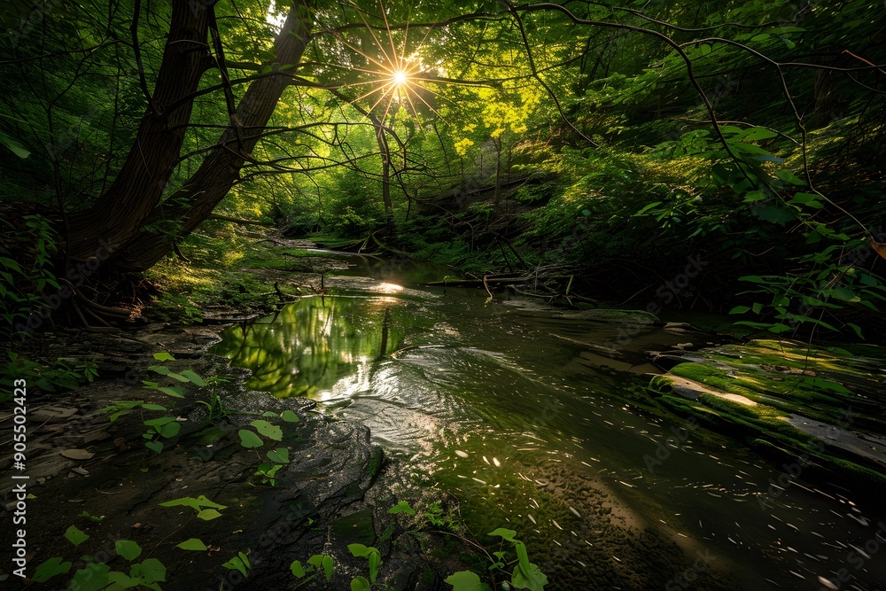 Fototapeta premium Serene forest stream with sunlight filtering through the lush green canopy.
