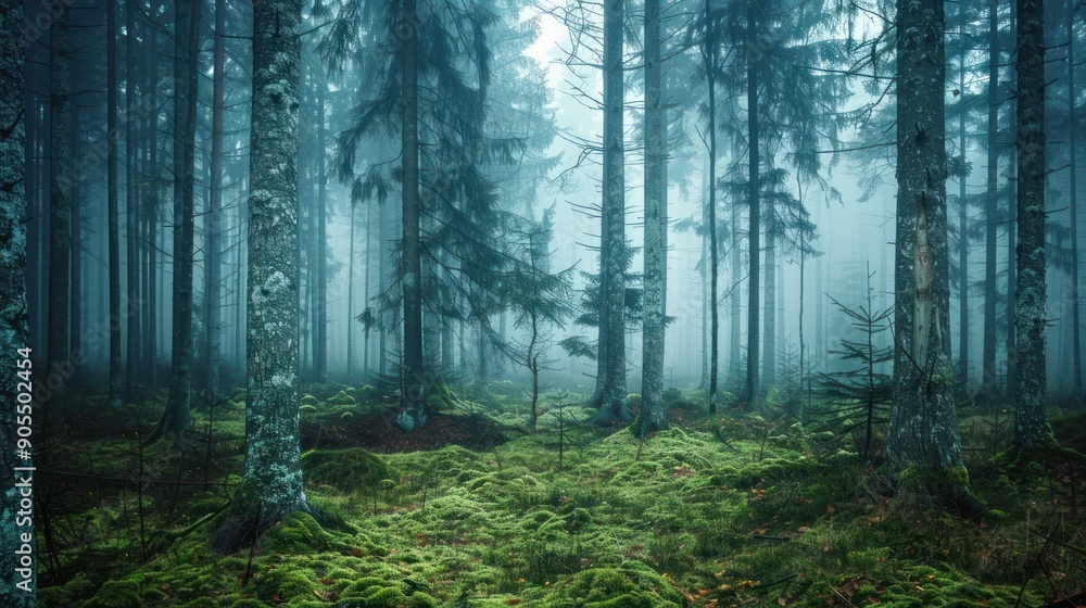 a mystical forest scene shrouded in thick fog. a mystical forest scene shrouded in thick fog.