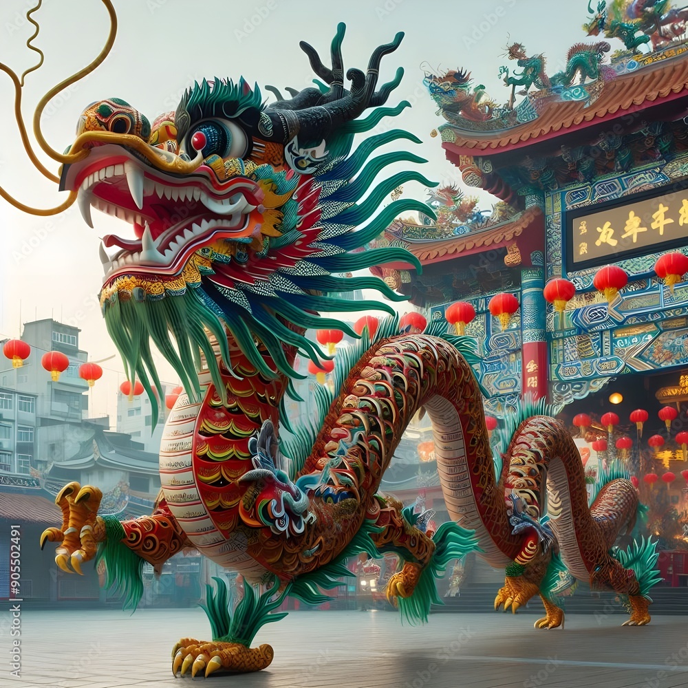 Generative AI Majestic dragon in front of a building, looking powerful and mythical with its sharp claws. Generative AI Majestic dragon in front of a building, looking powerful and mythical with its sharp claws.