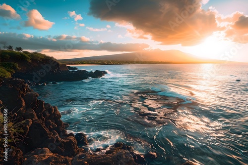 Serene coastal sunset over rocky shoreline with vibrant sky and distant mountain.