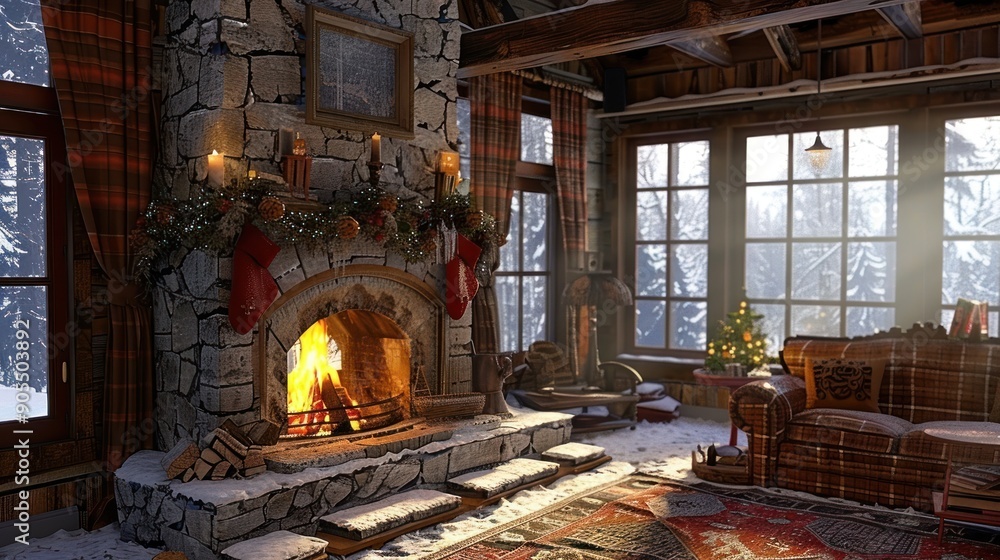 Obraz premium Fireplace design in the house during winter with an ancient feel.