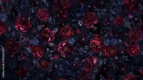 A dark floral print against a background of deep tones of dark blue, burgundy, and black looks elegant and romantic. Seamless pattern with burgundy flowers and dark leaves.