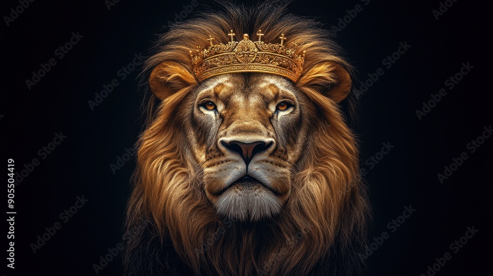 Majestic Lion of Judah wearing an elegant golden crown, set against a black background, symbolizing Christian themes. Majestic Lion of Judah wearing an elegant golden crown, set against a black background, symbolizing Christian themes.