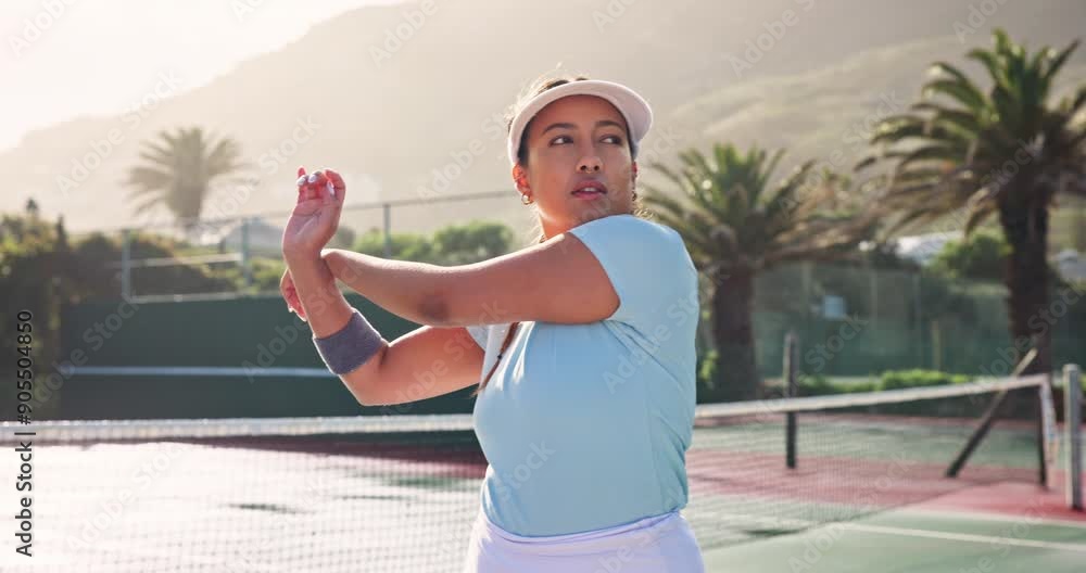 Sports, tennis and woman on court stretching for competition, tournament match and game. International athlete, fitness and person warm up, exercise and workout for practice, event and training Sports, tennis and woman on court stretching for competition, tournament match and game. International athlete, fitness and person warm up, exercise and workout for practice, event and training