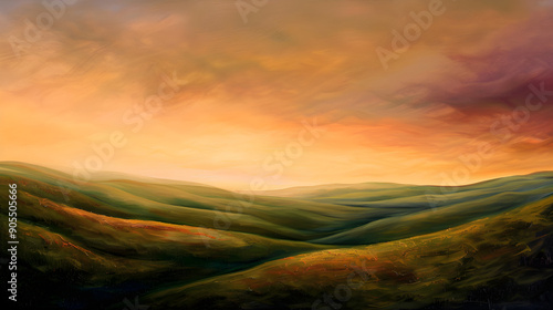 Serene Landscape: An Oil Brush Strokes Masterpiece of Rolling Hills and Vibrant Skies