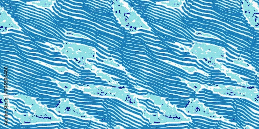 Obraz premium Summer blue dyed wave water pattern with broken linear stripe effect. Fresh blue underwater texture background for modern seamless nautical maritime organic style. 