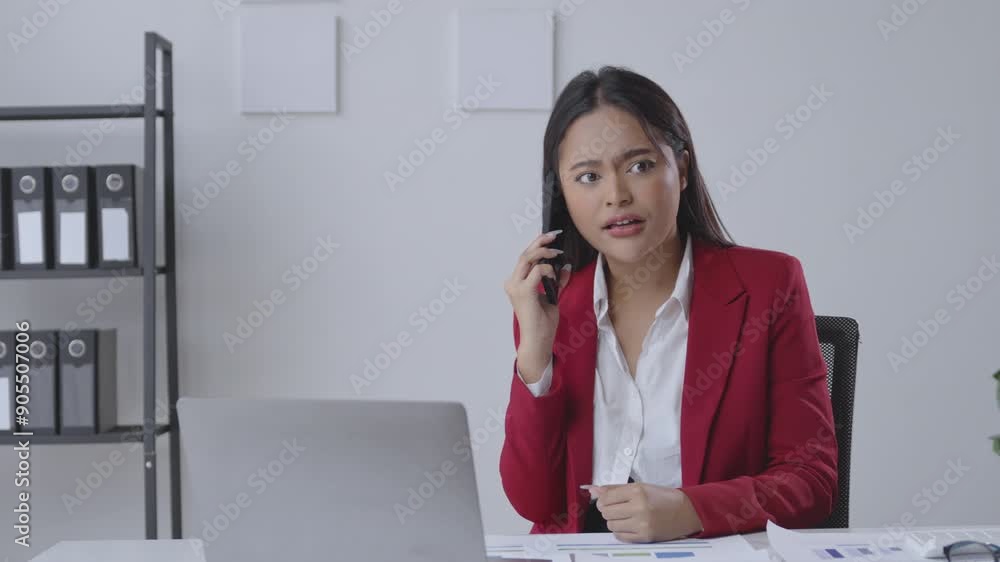 Frustrated businesswoman in a red blazer shows emotions during a work related phone call in a modern office setting Frustrated businesswoman in a red blazer shows emotions during a work related phone call in a modern office setting