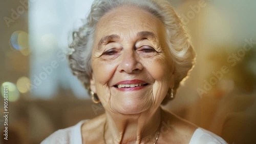 An elderly woman with a serene and content expression exuding hope and gratitude for a life welllived. The background is a cozy living room symbolizing the comfort and security of photo