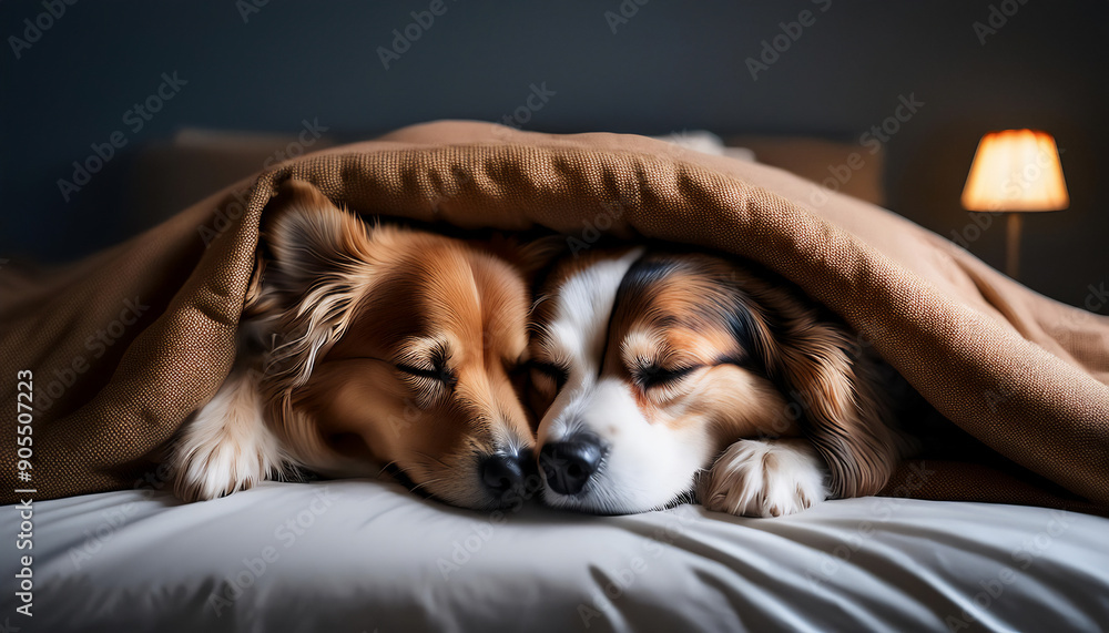 Dogs sleeping together under a brown cozy blanket in bed Dogs sleeping together under a brown cozy blanket in bed