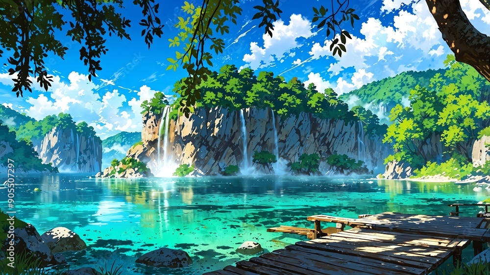 Obraz premium plitvice lakes national park croatia natural wonders around the world morning view anime