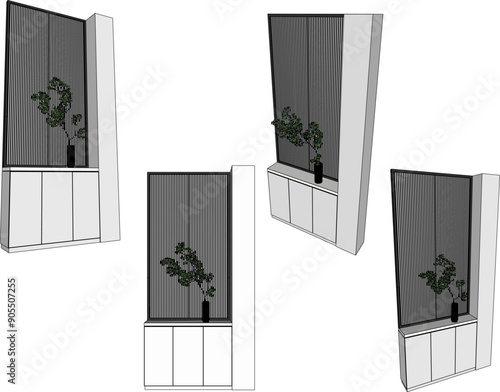 Vector sketch illustration design, silhouette drawing of furniture, cupboard, wardrobe, room partition