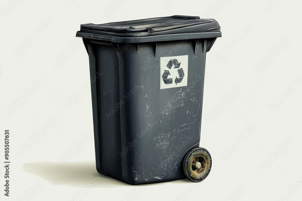 Single black recycling bin on clean urban pavement symbolizing solitary commitment to environmental conservation. Single black recycling bin on clean urban pavement symbolizing solitary commitment to environmental conservation.