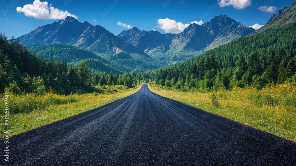 Fototapeta premium Black asphalt road leading into the mountains during summer, highlighting the scenic journey.