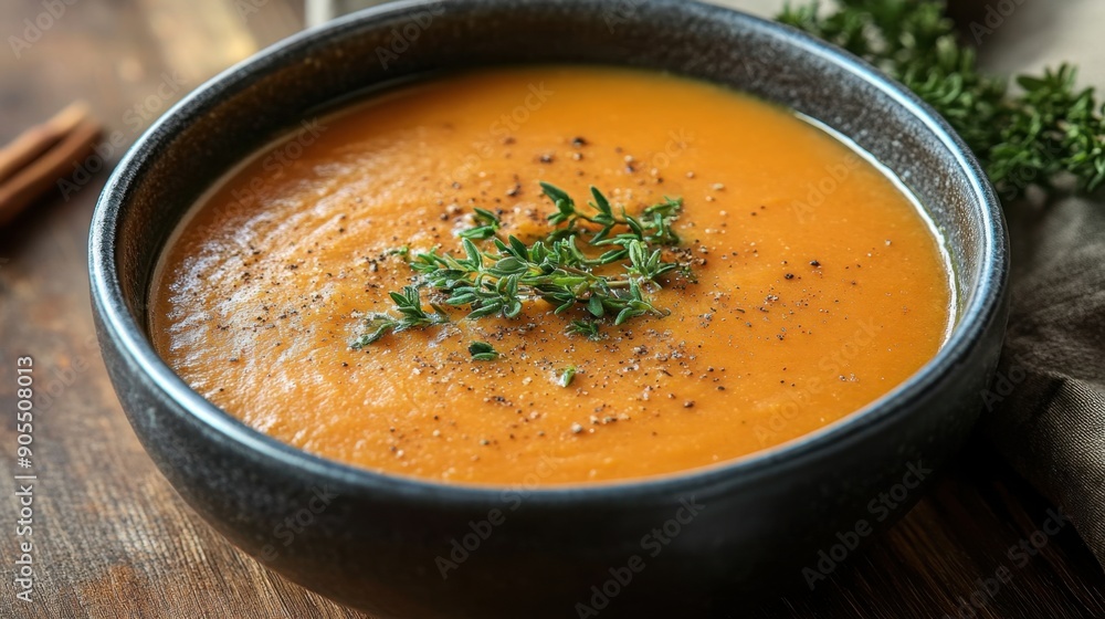 Warm and inviting bowl of creamy autumn pumpkin soup garnished with fresh herbs and spices, served on a rustic wooden table. Warm and inviting bowl of creamy autumn pumpkin soup garnished with fresh herbs and spices, served on a rustic wooden table.